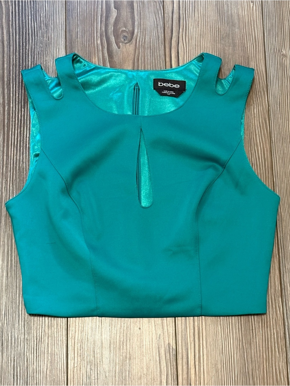 BEBE Teal Turquoise Crop Top Cutout Keyhole Back Zip Satin Lined Sz S Small